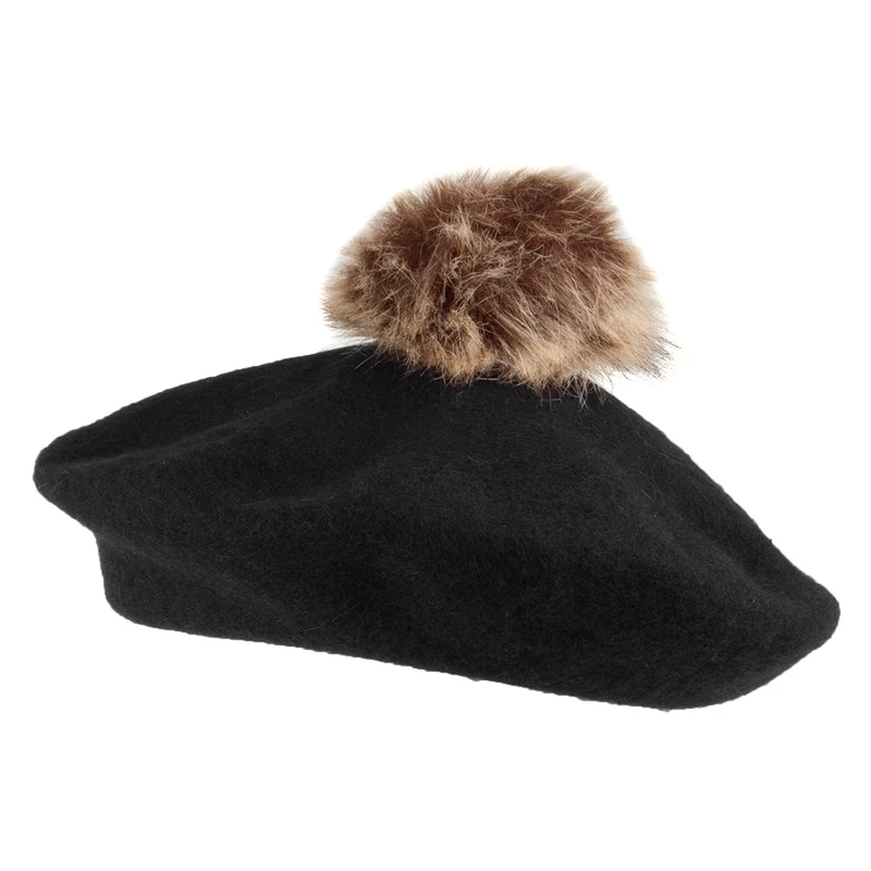 Whiteley Baskenmütze aus Wolle mit Bommel - Schwarz