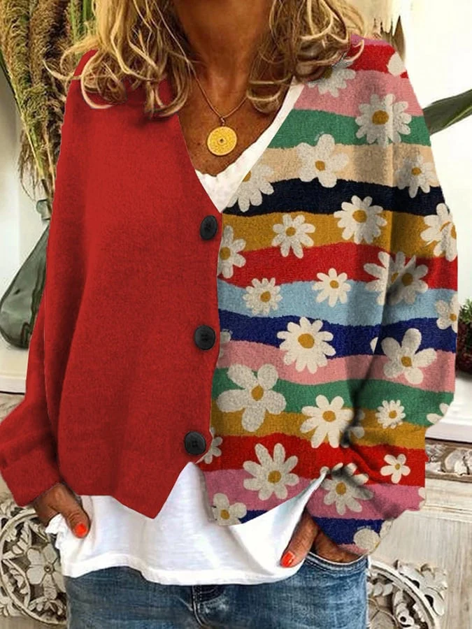 Herbstliche Patchwork Damen Strickjacke mit Knöpfen – Elise