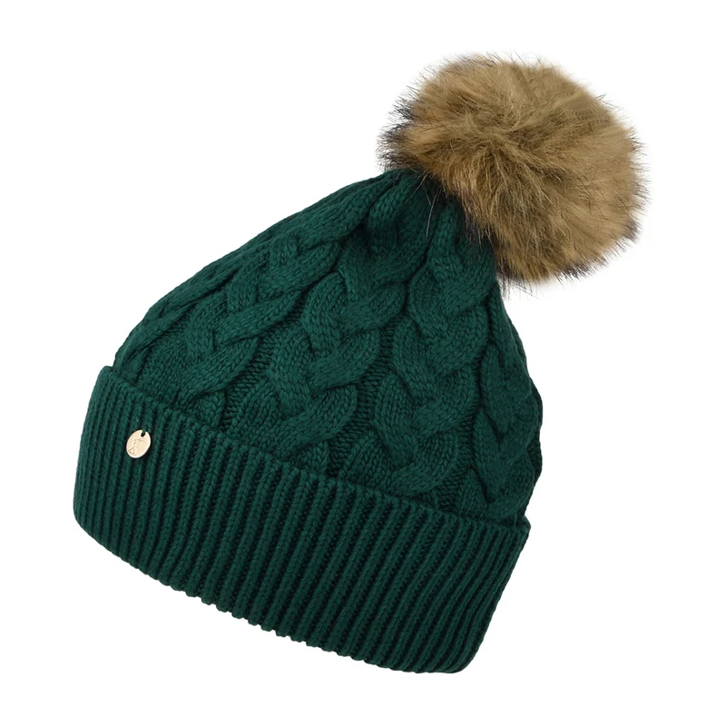 Joules Elena Cable Knit und Kunstfell Bommel Bommelmütze - Petrol