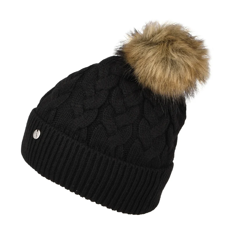 Joules Elena Cable Knit und Kunstfell Bommel Bommelmütze - Schwarz