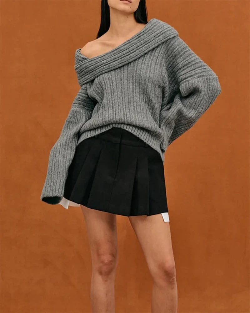 Herbstlicher Casual Gestrickter Pullover mit Einer Schulter – LuxeOne