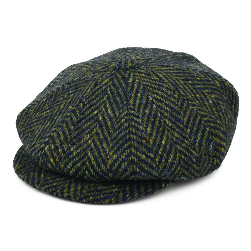 City Sport Donegal Tweed Ballonmütze mit Fischgrätmuster - Olivgrün-Blau
