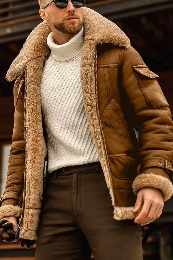 Stilvolle Camel-Leder-Pilotenjacke für den Winter – Leonardo
