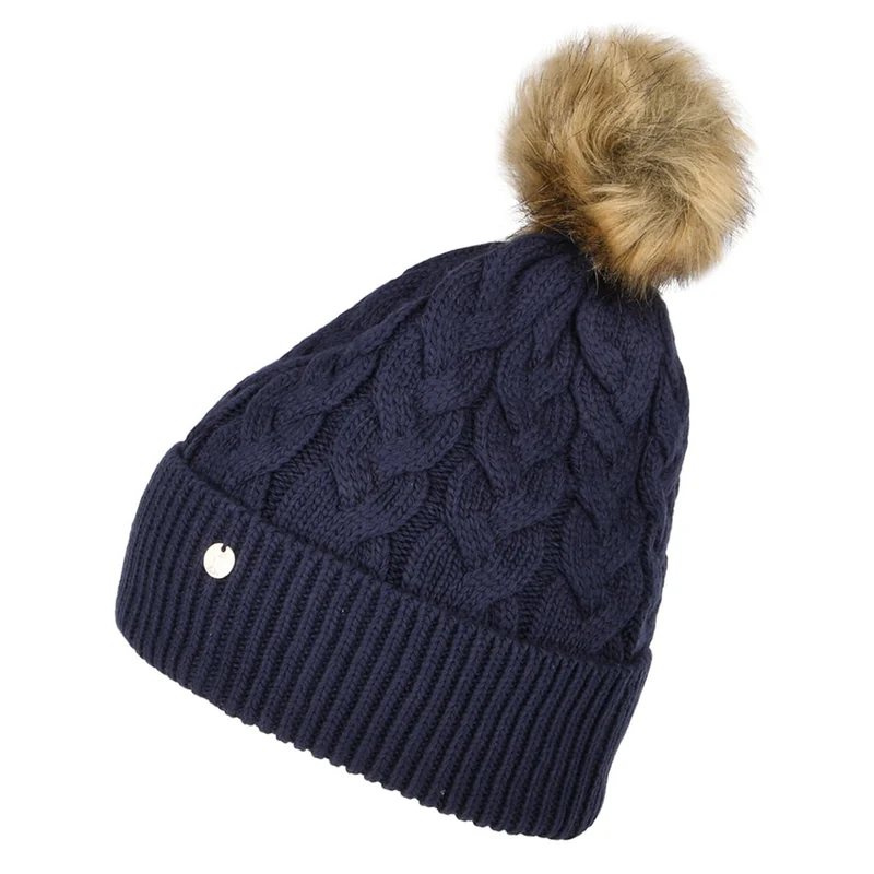 Joules Elena Cable Knit und Kunstfell Bommel Bommelmütze - Marineblau