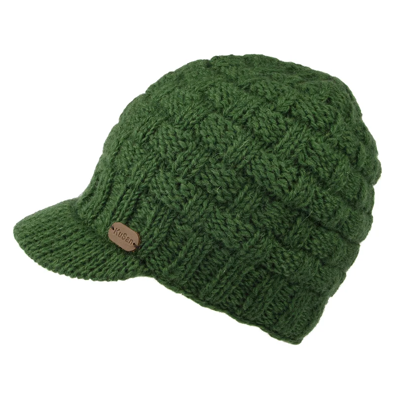 Kusan Korbmuster Beanie Mütze mit Visier - Olivgrün