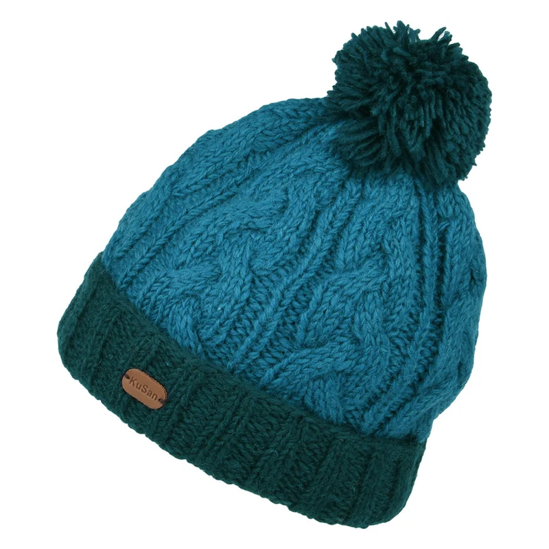 Kusan 2-Tone Turn Up Bommelmütze mit Zopfstrickmuster - Blau