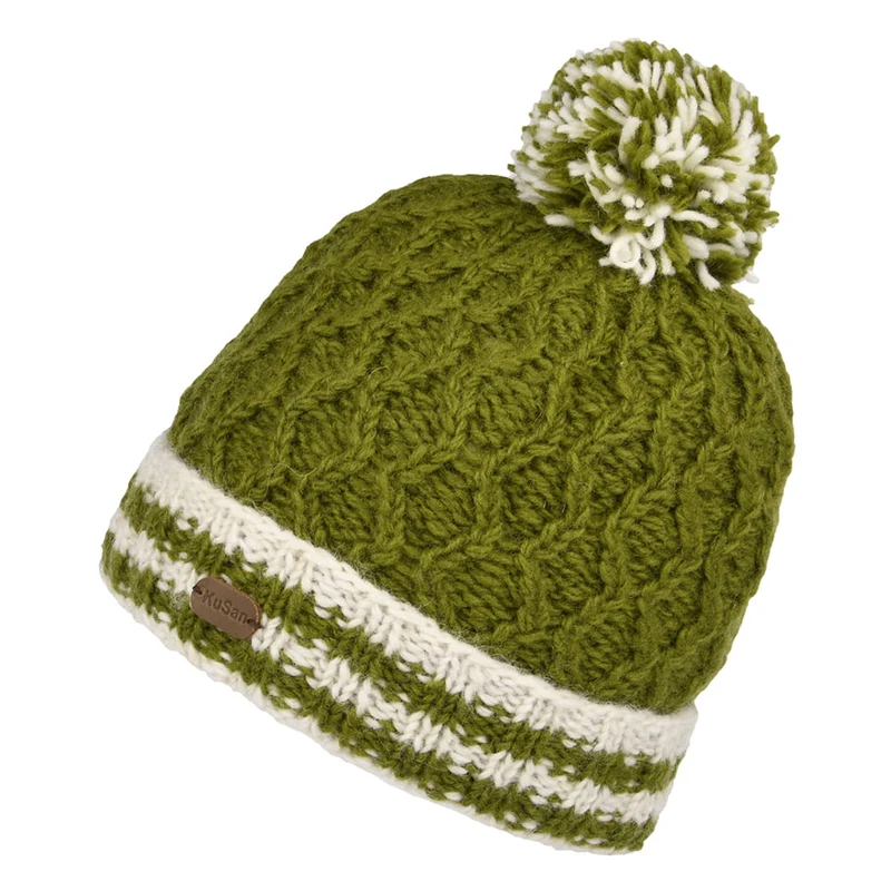 Kusan Bommelmütze mit gestreiftem Umschlag Diamond Knit - Olivgrün