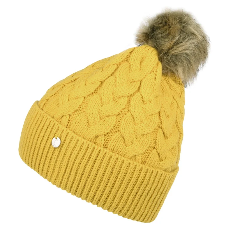 Joules Elena Cable Knit und Kunstfell Bommel Bommelmütze - Senfgelb