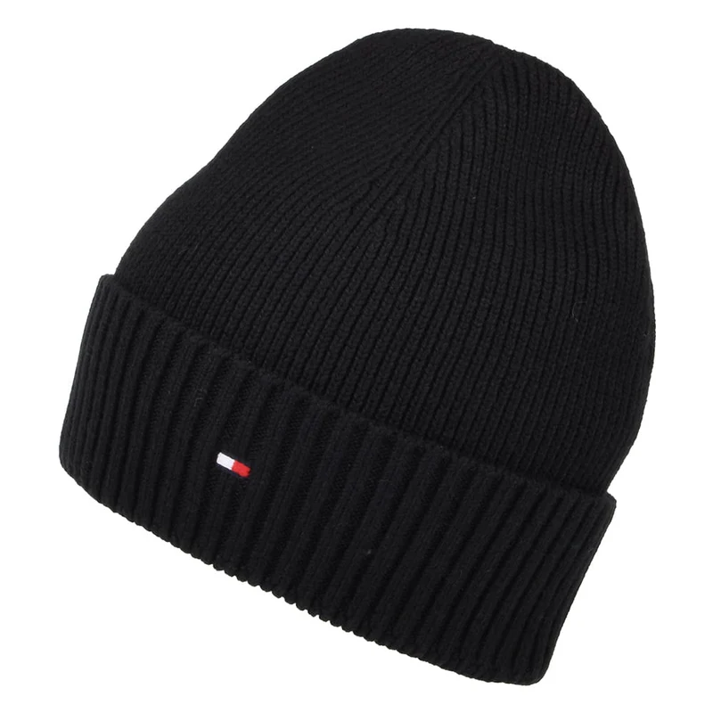 Tommy Hilfiger Pima Essential Flag Beanie Mütze aus Baumwoll-Kaschmir - Schwarz