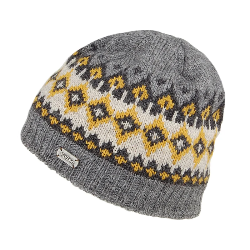 Kusan Beanie Mütze Fine Gauge im Feinstrickmuster - Grau-Gelb