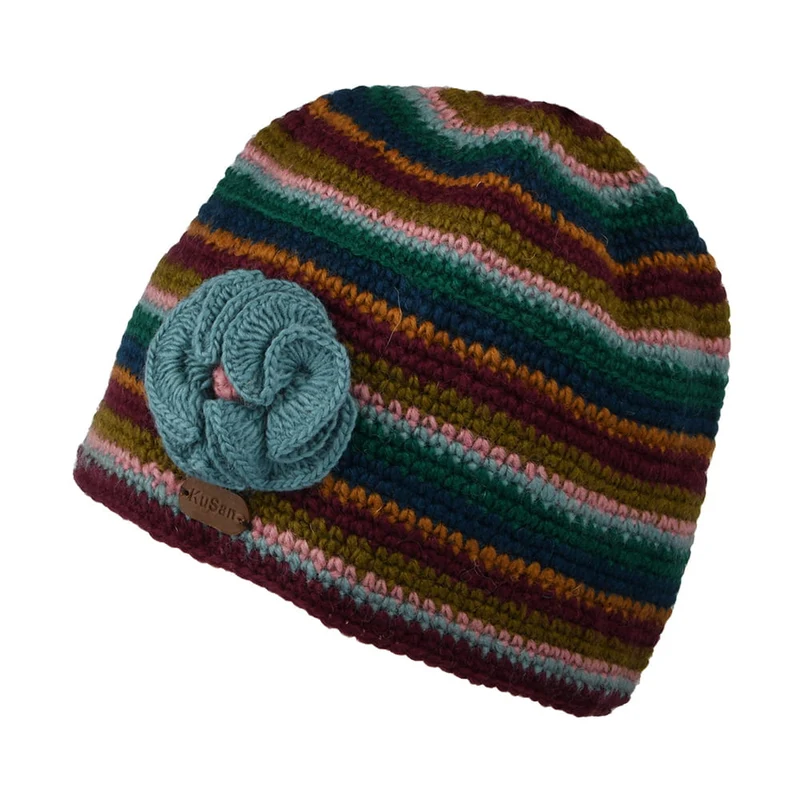 Kusan Gehäckelte Blume Beanie Mütze - Pflaume-Türkis