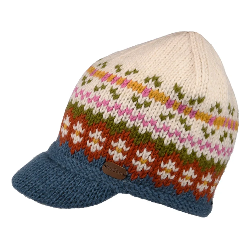 Kusan Brooklyn Beanie Mütze mit Visier Fair Isle - Cremefarben-Blau