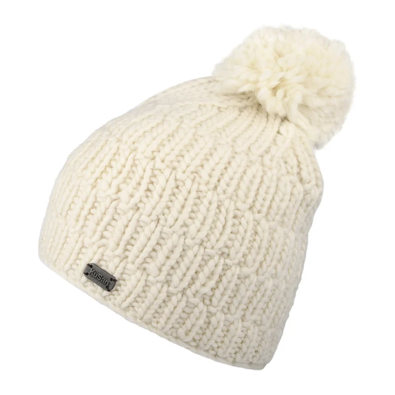 Kusan Moss Yarn Bommelmütze Rib Cable - Creme