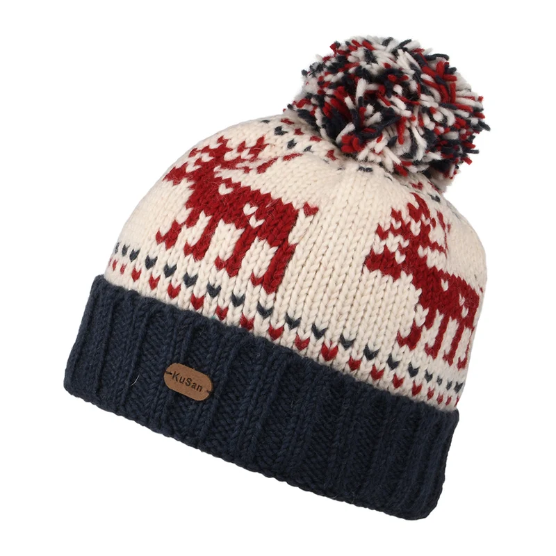 Kusan Rentier Turn Up Bommelmütze - Marineblau-Creme