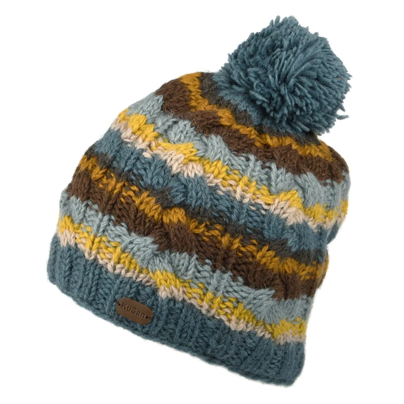 Kusan Cable Knit Bommelmütze gestreift - Blau-Multi