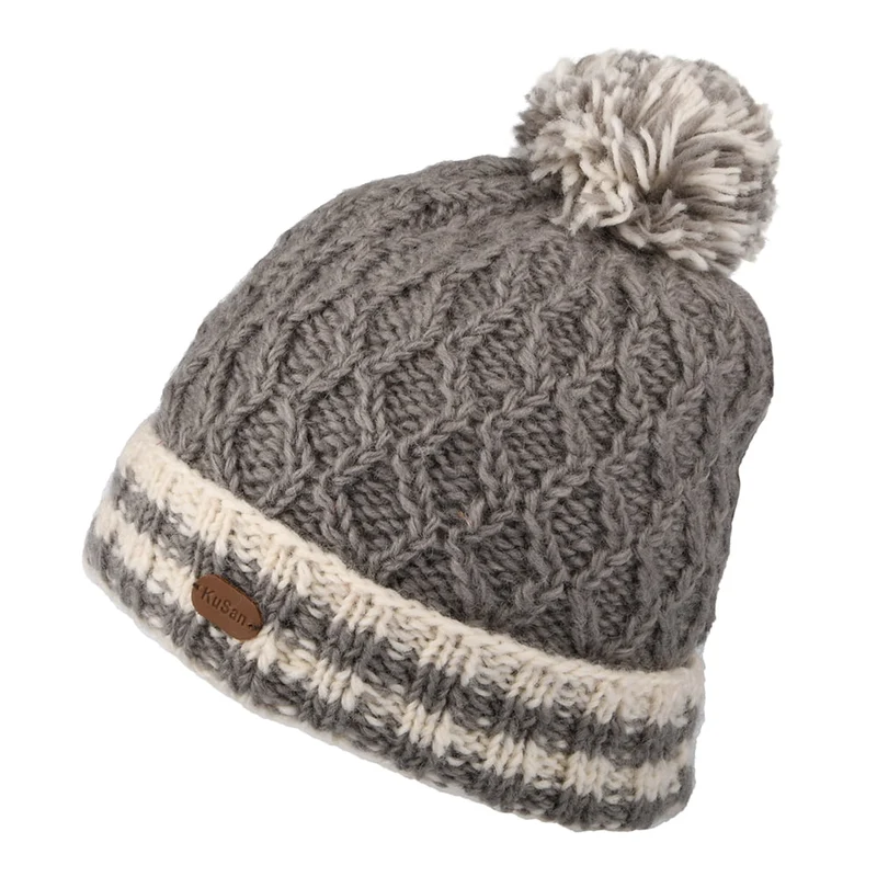 Kusan Bommelmütze mit gestreiftem Umschlag Diamond Knit - Grau-Multi