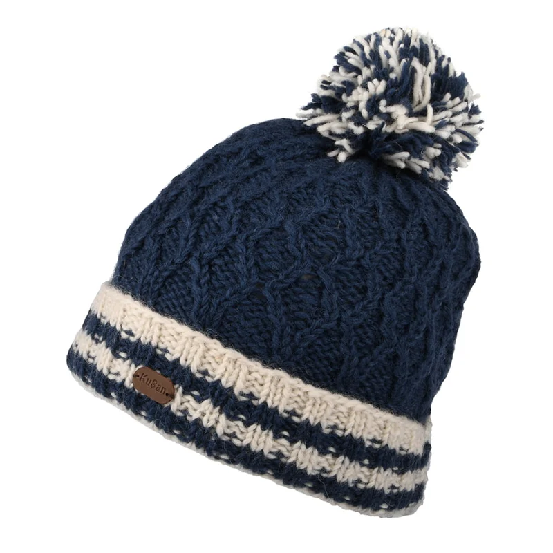 Kusan Bommelmütze mit gestreiftem Umschlag Diamond Knit - Marineblau