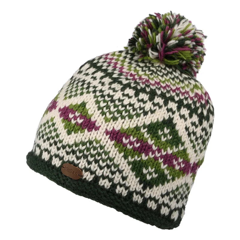 Kusan Big Diamond Bommelmütze Fair Isle - Olivgrün-Multi