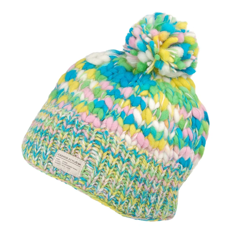 Kusan Uneven Yarn Bommelmütze - Grün-Gelb