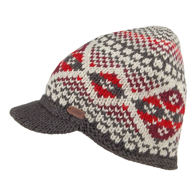 Kusan Brooklyn Beanie Mütze mit Visier Fair Isle - Rot-Grau