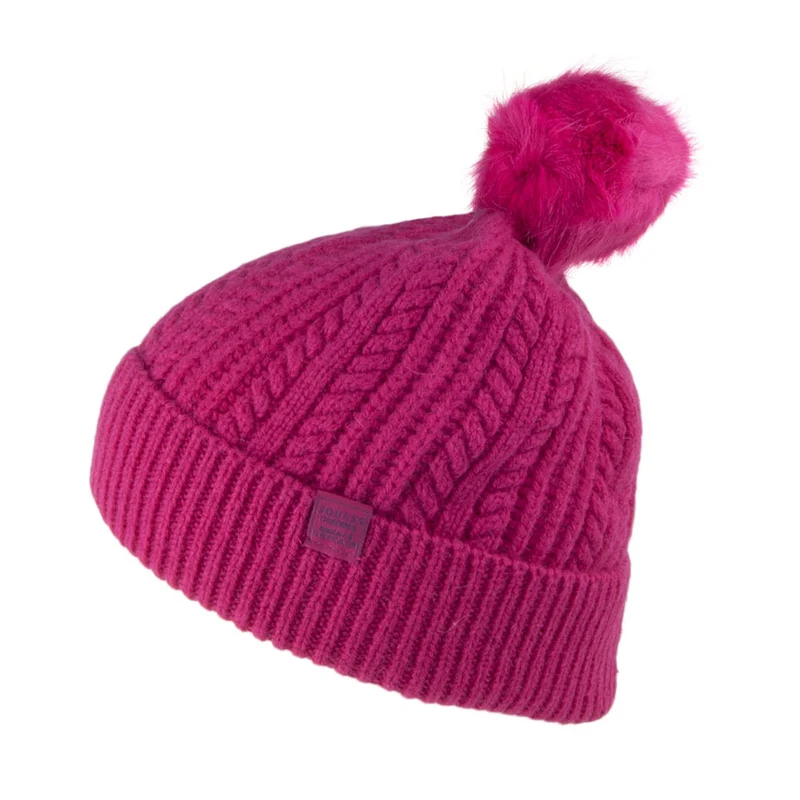 Joules Kunstfell Bommelmütze mit feinem Zopfstrickmuster - Pink