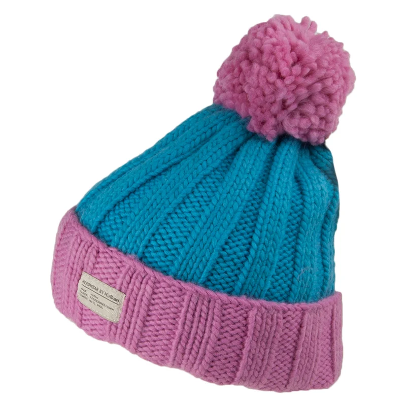 Kusan Turn Up Gerippte Bommelmütze - Pink-Blau